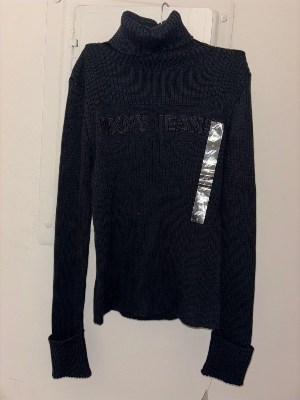 DKNY Black Ribbed Turtleneck Sweater with Logo Small NWT